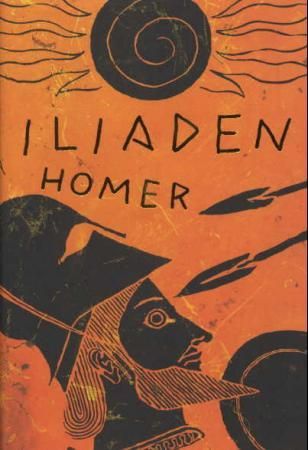 Innbundet roman Iliaden av De norske bokklubbene, illustrert sidevisning av klassisk gresk epos.