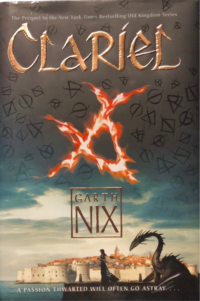 Bokbilde av "Clariel: The Lost Abhorsen" innbundet fantasybok med illustrasjon på forsiden, skrevet av Garth Nix.