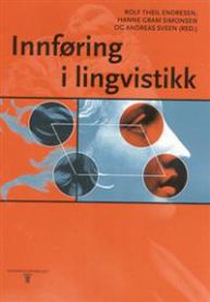 Bokomslag for "Innføring i lingvistikk" fra Universitetsforlaget, viser en åpen bok med tekst og illustrasjoner.