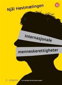 Bok om internasjonale menneskerettigheter, jus, utgitt av Universitetsforlaget, med illustrasjon av menneskerettighetsikoner.