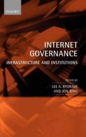 Bokomslag for "Internet Governance" av Oxford University Press, viser en illustrasjon av internettinfrastruktur og institusjoner.