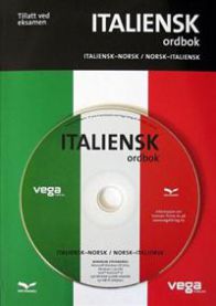 Italiensk ordbok fra Vega forlag med italiensk-norsk og norsk-italiensk oversettelse, viser åpnet bok med tekster og ordlister