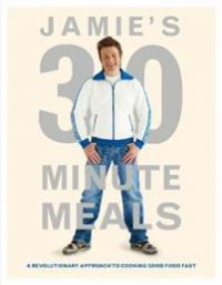 Bokomotiv: Jamie's 30-Minute Meals, innbundet kokebok med bilder av ferdige retter og kjøkkenutstyr på forsiden
