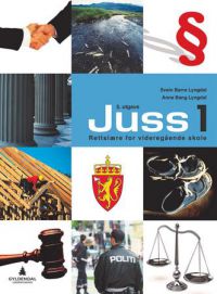 Bokomslag for Juss 1 Rettslære for videregående skole av Gyldendal, med juridiske symboler og tittel.