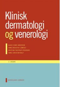 Bokomslag for "Klinisk dermatologi og venerologi" av Munksgaard, innbundet med tittel og medisinsk illustrasjon.