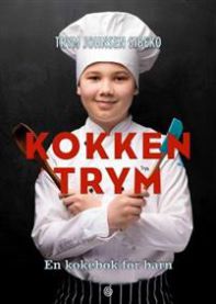 Bilde av kokeboken "Kokken Trym" i innbundet utgave, med bilder av matretter og kokeboken på et kjøkkenbord.