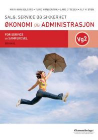 Bilde av boken Økonomi og administrasjon: salg, service og sikkerhet, VGS, utgitt av Økonomiforlaget, med åpen bok og notatark