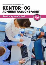 Bilde av lærebok for kontor- og administrasjonsfaget, service og samferdsel Vg3, utgitt av Fagbokforlaget, med åpen bok og notat.