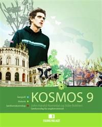 Elevbok for samfunnsfag 9. klasse fra Kosmos, utgitt av Fagbokforlaget, viser forsiden med skolebokdesign og tittel.