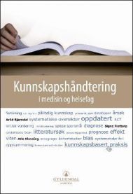 Bilde av boka "Kunnskapshåndtering i medisin og helsefag" fra Gyldendal, sykepleie, med innsiden av boka som vises.