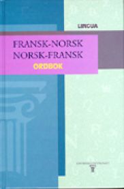 Innbundet fransk-norsk og norsk-fransk ordbok fra Universitetsforlaget med ordbokside som viser ord og oversettelser.
