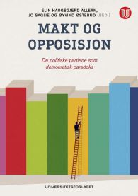 Bilde av boken "Makt og opposisjon" innen politikk fra Universitetsforlaget, med åpen bok og sidevisning.