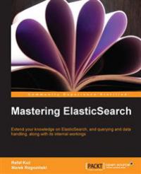 Bokia.no Mastering ElasticSearch pocketbok, data- og informasjonsteknologi, åpen bok med ElasticSearch-logo og teknologiillustrasjon