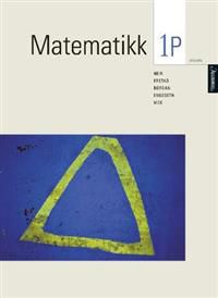 Nærbilde av mattebok for VGS, Matematikk 1P fra Aschehoug, med geometriske figurer og matematiske symboler.