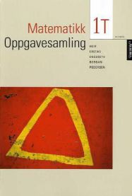 Matematikk 1T oppgavesamling for videregående skole fra Aschehoug, viser åpen bok med matteoppgaver og løsninger.
