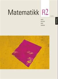 Norsk lærebok i matematikk R2 for videregående skole, utgitt av Aschehoug, viser forsiden med matematikknoter og grafikk.