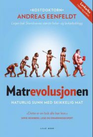 Bok om naturlig sunn mat, "Matrevolusjonen" av Lille Måne, innbundet med bilder av friske råvarer og sunn mat.