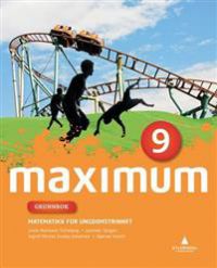 Bokomslag for Maximum 9: Grunnbok i matematikk for ungdomstrinnet, utgitt av Gyldendal, med fargerik design og matematikkillustrasjoner
