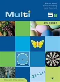 Fargerik side fra Gyldendal Multi 5A matematikk for barnetrinnet grunnbok, viser matteoppgaver for barneskolen.
