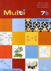 Bokomslag for Gyldendal Multi 7b matematikk for barnetrinnet, grunnbok for barneskole, med fargerikt design og matematikkillustrasjoner.