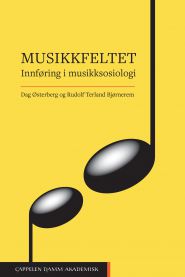 Bilde av Musikkfeltet, en musikkbok fra Cappelen Damm med noter og musikkinstrumenter på forsiden