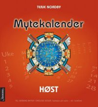 Mytekalender høst innbundet, religion, Aschehoug, vises med høstmotiv og religiøse symboler på forsiden