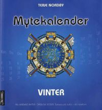 Mytekalender vinter innbundet, religiøs kalender med vintermotiv, utgitt av Aschehoug, viser vinterlandskap og kristne symboler.