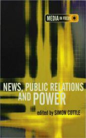 Bokomslag for "News, Public Relations and Power" fra Sage Publications, med tittelen og en illustrasjon relatert til medie- og PR-verdenen.