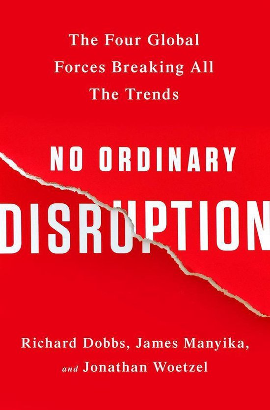 Bokomslag for "No Ordinary Disruption" av Innovasjon, viser en bok med tittel og grafiske elementer, fokus på global forandring.