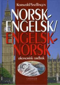 Norsk-engelsk ordbok fra Cappelen med økonomiske termer og oversettelser på side.