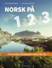 Bokomslag for Norsk på 1-2-3 av Cappelen Damm, norsk lærebok for innvandrere, med blå og hvit design.