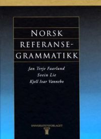 Norsk Referansegrammatikk ordbok fra Universitetsforlaget, viser en bok med grammatikkregler og språkanalyser på forsiden