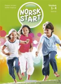 Norsk Start 1-4 tekstbok for barneskole, Cappelen Damm, åpen side med tekst og illustrasjoner.