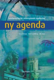 Ny agenda for samfunnsfag for videregående skole fra Cappelen, viser åpen side med tekst og diagrammer.