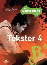 Nye Kontekst 8-10 skolebøker fra Gyldendal med åpne, fargede innside sider som viser tekstoppgaver og illustrasjoner.