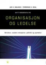 Bilde av boken "Nytt perspektiv på organisasjon og ledelse" av Gyldendal, viser strukturdiagrammer og sosiale relasjoner.