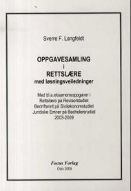 Oppgavesamling i rettslære med løsningsveiledninger, jusbok fra Focus forlag, viser åpne sider med juridiske oppgaver og løsninger.