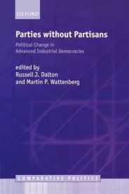 Bokomslag for "Parties Without Partisans" av Oxford University Press, viser en illustrasjon av politiske partier i avanserte demokratier.