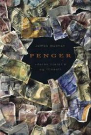 Bokomslag for "Penger: deres historie og filosofi" av Kagge, viser en illustrasjon av penger og økonomiske symboler.