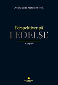 Bilde av boken "Perspektiver på ledelse" av Gyldendal, med åpen bok og ledelsestema på forsiden