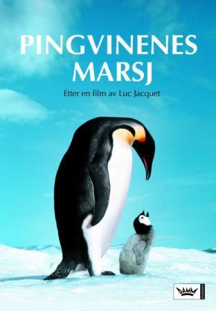 Illustrasjon av Pingvinenes marsj, en barnebok i innbundet utgave fra Cappelen Damm AS, med glade pingviner på forsiden.