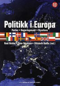 Bokomslag for "Politikk i Europa" av Universitetsforlaget, viser en illustrasjon av europeiske land, partier og regjeringsformer.