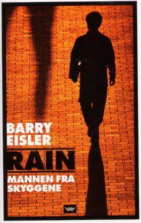Innbundet krimbok "Rain" av Cappelen Damm AS med mørkt omslag og skumle skygger, illustrasjon av en regnfull natt.
