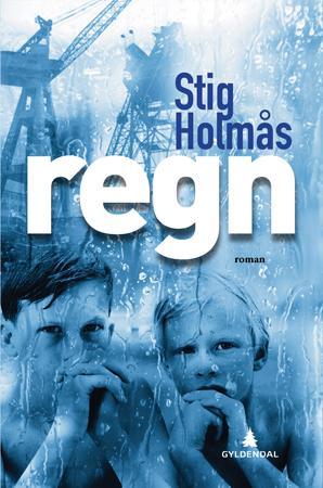 Innbundet roman "Regn" av Gyldendal Norsk Forlag AS, med bokomslag i regnvejr-design, synlig i bilde.