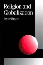 Pocket-bok om religion og globalisering med Sage Publications, viser en åpen bok med religiøse symboler på forsiden.