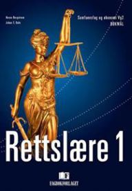 Bokomslag for Rettslære 1, VGS lærebok fra Fagbokforlaget, med tittel og rettslige symboler på forsiden