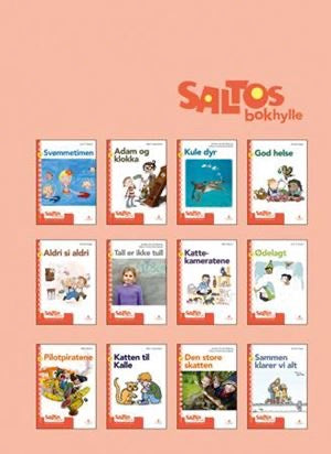 Saltos bokhylle nivå 3-4 for barneskolen, norsk læreverk fra Gyldendal, viser en ryddig oppbevaringshylle for skolebøker.