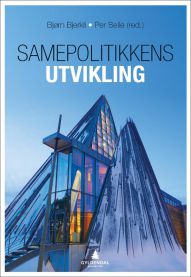 Bilde av bokomslaget for "Samepolitikkens utvikling" av Gyldendal, viser en illustrasjon av samisk kultur og politikk.