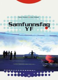 Bilde av samfunnsfag YF-bok fra Gyldendal for videregående skole, viser bokomslag med samfunnsrelaterte tema og grafikk.