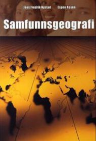 Bilde av samfunnsgeografi bok for videregående skole fra Læremiddelforlaget, viser bokomslag med kart og samfunnsrelaterte temaer.